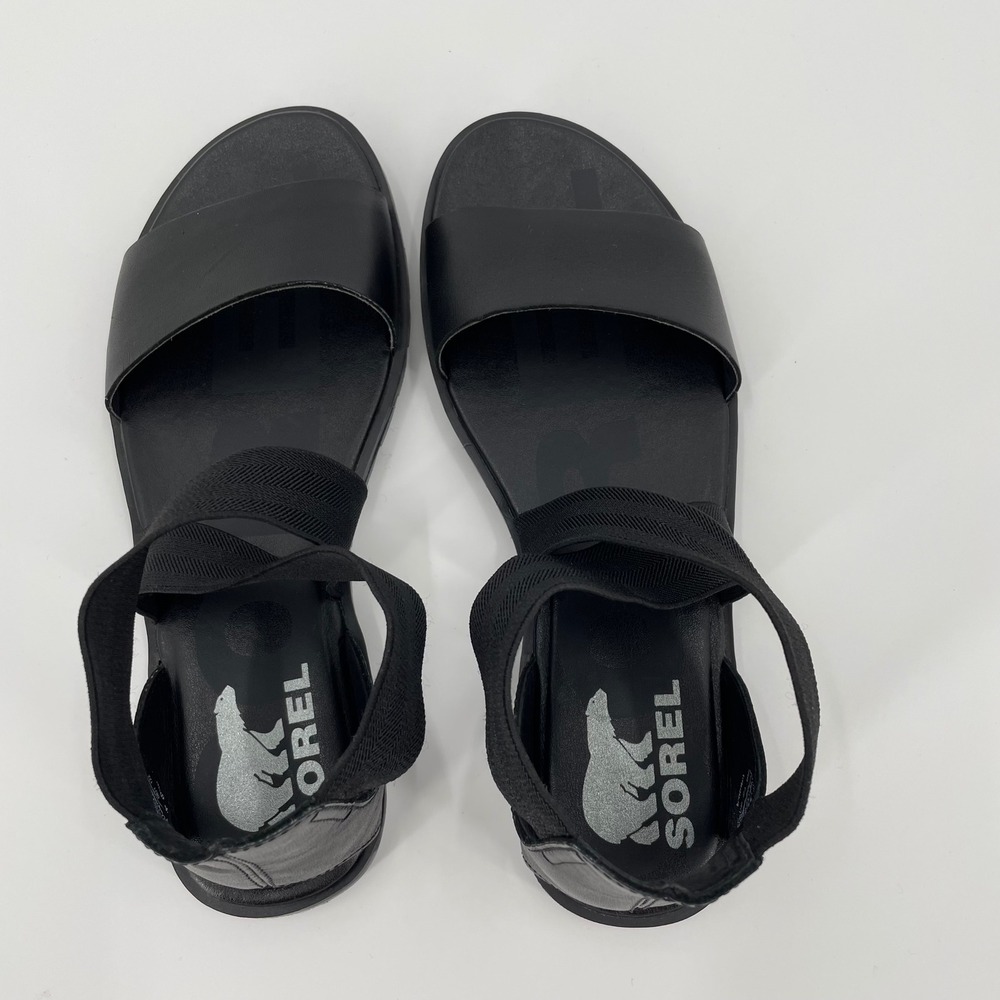 Sorel Ella II Ankle Strap Sandals‎ Black Leather Stretch Chevron Size 7.5 - Picture 6 of 9